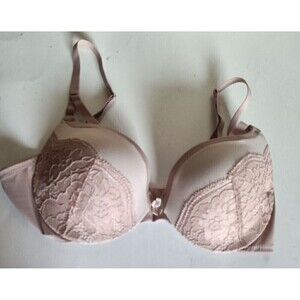 Maidenform Bra Size 34 B Nude Push Up Padded Lace Plunge Bow
